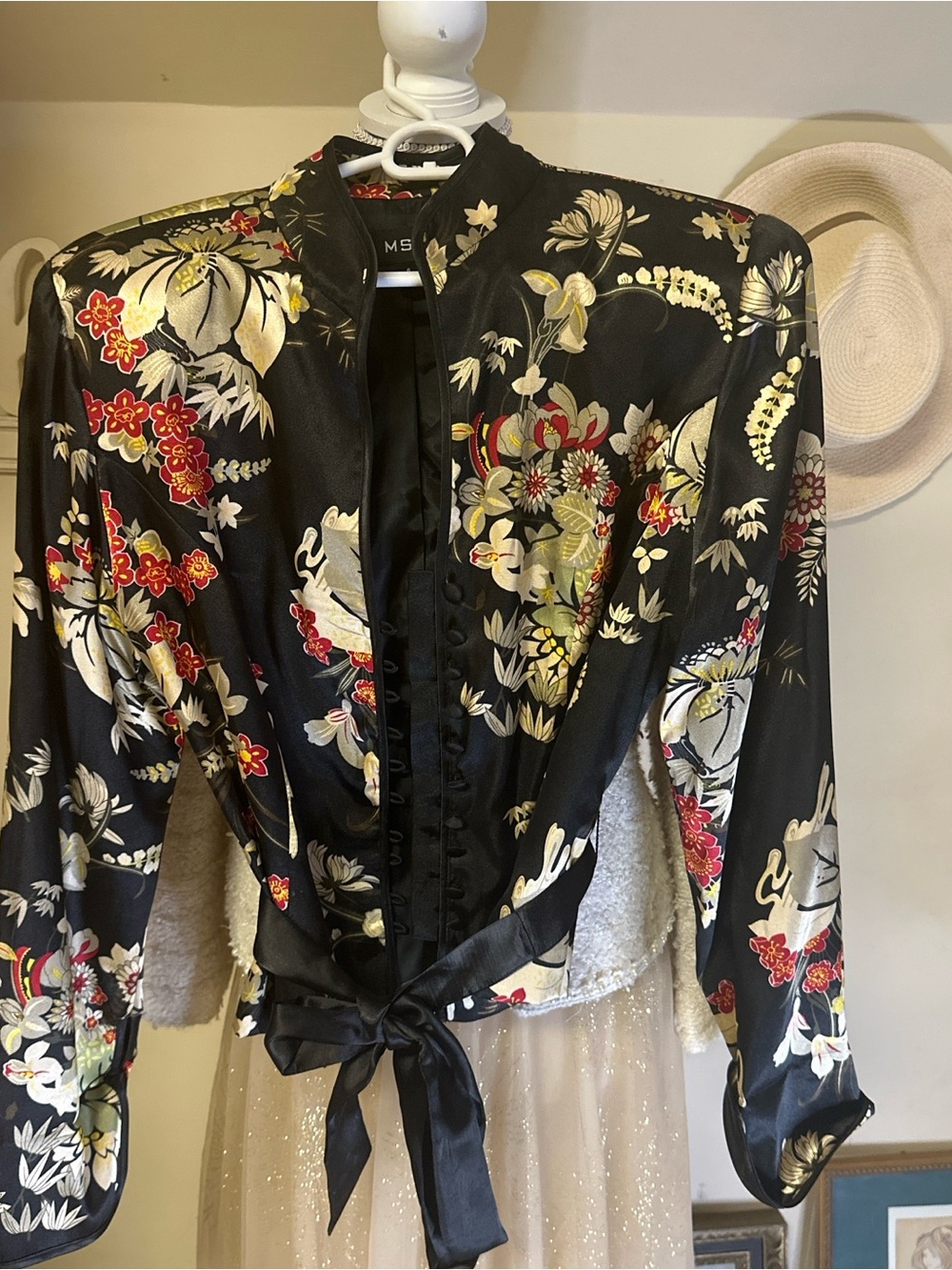 MSK Black Floral Satin Wrap Blazer